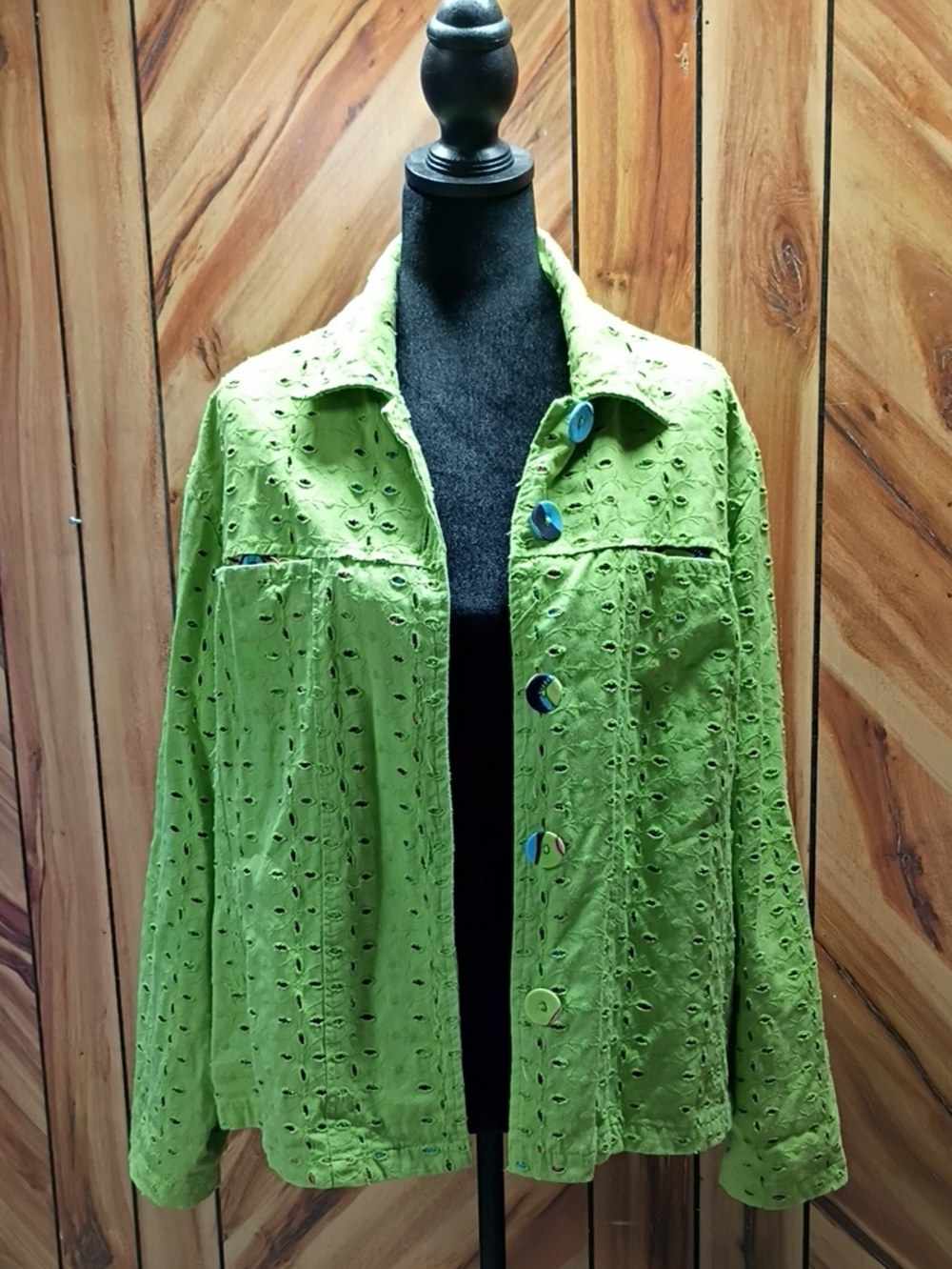 Y2k Keren Hart Lime Green Button-up Jacket Blazer Artsy Floral 100% Cotton Large
